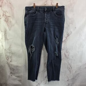Old Navy Jeans Womens 14 Black Crop OG Straight Button Fly Denim Frayed Hem Hole